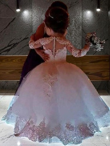 Ball-Gown Princess Scoop Long Sleeves Floor-Length Innocent Tulle Flower Girl Dress