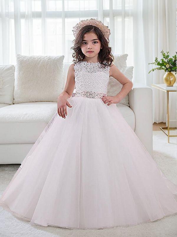 Playful Ball-Gown Princess Scoop Sleeveless Sweep Train Tulle Flower Girl Dress With Sash