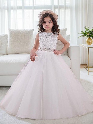 Playful Ball-Gown Princess Scoop Sleeveless Sweep Train Tulle Flower Girl Dress With Sash