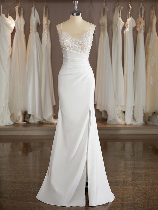 Sheath/Column Stunning V-Neck Sweep Train Stretch Crepe Wedding Dress With Slit