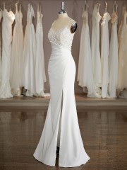 Sheath/Column Stunning V-Neck Sweep Train Stretch Crepe Wedding Dress With Slit