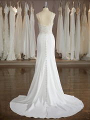 Sheath/Column Stunning V-Neck Sweep Train Stretch Crepe Wedding Dress With Slit