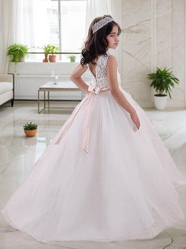 Playful Ball-Gown Princess Scoop Sleeveless Sweep Train Tulle Flower Girl Dress With Sash