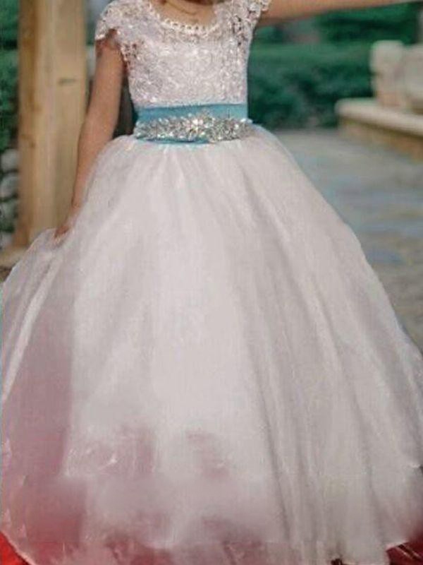 Ball-Gown Joyful Scoop Short Sleeves Floor-Length Organza Flower Girl Dress With Beading