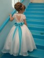 Ball-Gown Joyful Scoop Short Sleeves Floor-Length Organza Flower Girl Dress With Beading