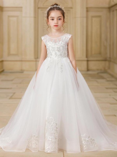 Ball-Gown Princess Scoop Sparkling Sleeveless Sweep Train Tulle Flower Girl Dress