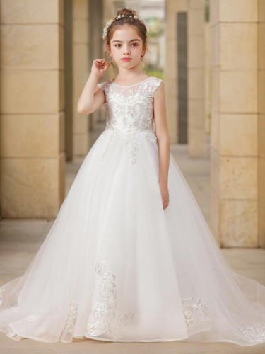 Ball-Gown Princess Scoop Sparkling Sleeveless Sweep Train Tulle Flower Girl Dress