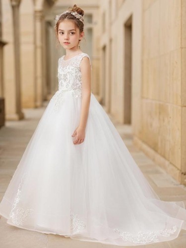 Ball-Gown Princess Scoop Sparkling Sleeveless Sweep Train Tulle Flower Girl Dress