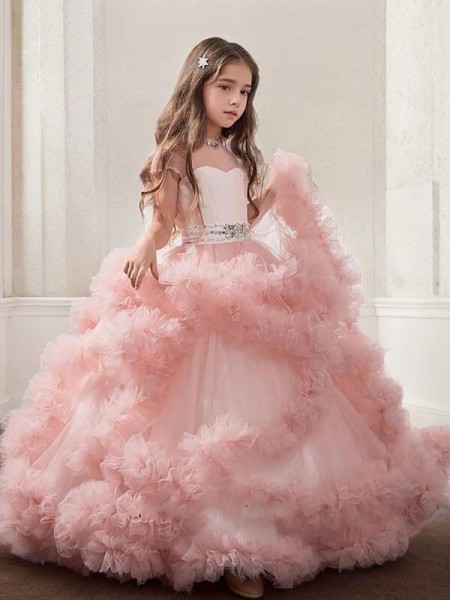 Ball-Gown Princess Jewel Short Sleeves Floor-Length Angelic Tulle Flower Girl Dress With Crystal