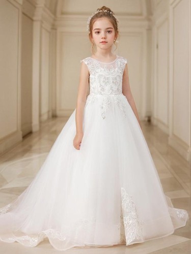 Ball-Gown Princess Scoop Sparkling Sleeveless Sweep Train Tulle Flower Girl Dress