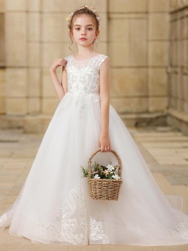 Ball-Gown Princess Scoop Sparkling Sleeveless Sweep Train Tulle Flower Girl Dress