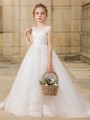 Ball-Gown Princess Scoop Sparkling Sleeveless Sweep Train Tulle Flower Girl Dress