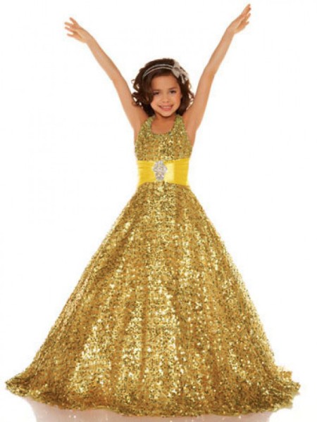 A-line Halter Sleeveless Dreamy Floor-Length Sequins Flower Girl Dress With Sequins