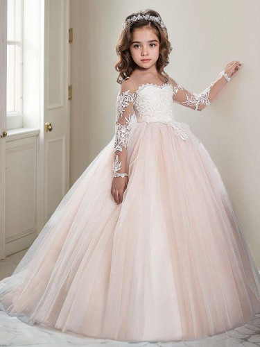 Ball-Gown Princess Scoop Long Sleeves Sweep Train Celebratory Tulle Flower Girl Dress