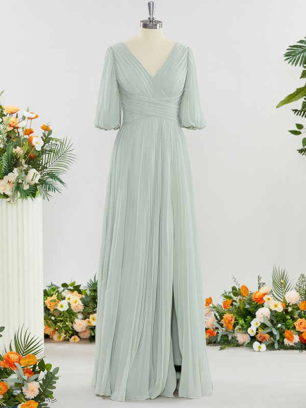 A-line Flattering V-neck 1/2 Sleeves Floor-Length Chiffon Mother of the Bride Dress With Pleated