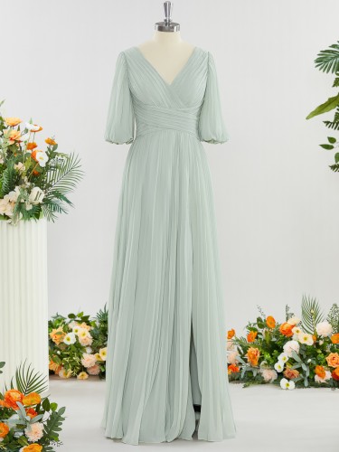 A-line Flattering V-neck 1/2 Sleeves Floor-Length Chiffon Mother of the Bride Dress With Pleated