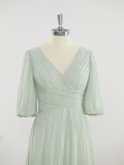 A-line Flattering V-neck 1/2 Sleeves Floor-Length Chiffon Mother of the Bride Dress With Pleated