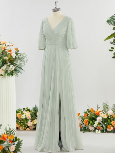 A-line Flattering V-neck 1/2 Sleeves Floor-Length Chiffon Mother of the Bride Dress With Pleated