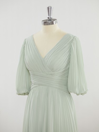 A-line Flattering V-neck 1/2 Sleeves Floor-Length Chiffon Mother of the Bride Dress With Pleated