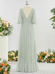 A-line Flattering V-neck 1/2 Sleeves Floor-Length Chiffon Mother of the Bride Dress With Pleated