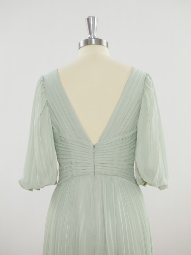 A-line Flattering V-neck 1/2 Sleeves Floor-Length Chiffon Mother of the Bride Dress With Pleated