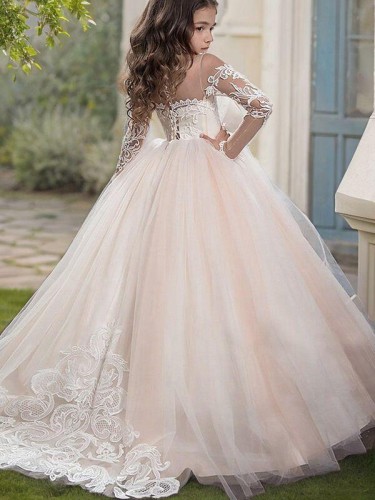 Ball-Gown Princess Scoop Long Sleeves Sweep Train Celebratory Tulle Flower Girl Dress