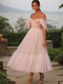 A-line Elegant Off-the-Shoulder Sleeveless Tulle Tea-Length Corset Dress