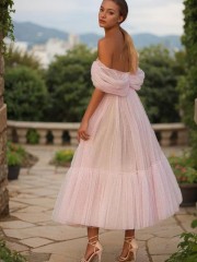 A-line Elegant Off-the-Shoulder Sleeveless Tulle Tea-Length Corset Dress