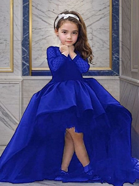 Ball-Gown Scoop Long Sleeves Court Train Adorable Satin Flower Girl Dress With Sash