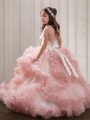 Ball-Gown Princess Jewel Short Sleeves Floor-Length Angelic Tulle Flower Girl Dress With Crystal