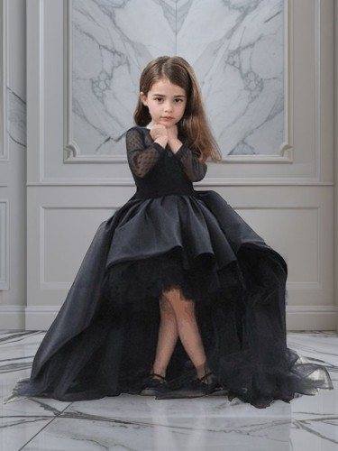 Ball-Gown Scoop Long Sleeves Court Train Adorable Satin Flower Girl Dress With Sash