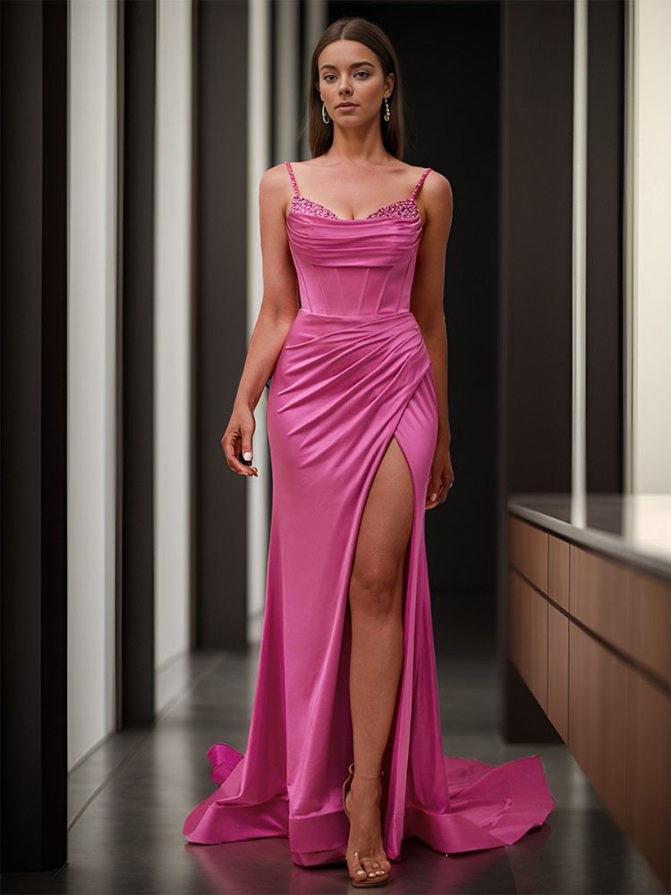 Bold Sheath/Column Spaghetti Straps Court Train Jersey Corset Dress With Slit