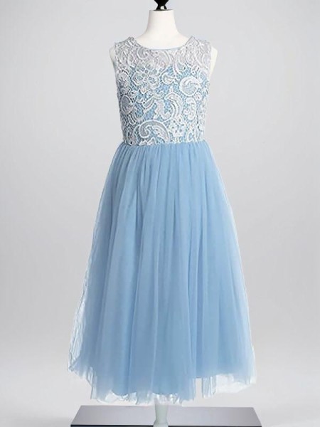 A-line Princess Jewel Sleeveless Ankle-Length Tulle Charming Flower Girl Dress With Lace