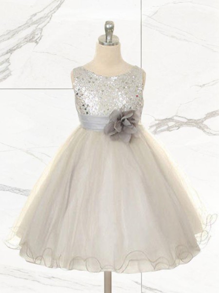 Delightful Ball-Gown Princess Jewel Sleeveless Tea-Length Sequins Flower Girl Dress With Hand-Made Flower