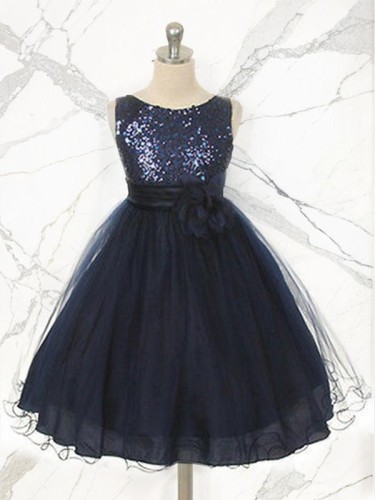 Delightful Ball-Gown Princess Jewel Sleeveless Tea-Length Sequins Flower Girl Dress With Hand-Made Flower