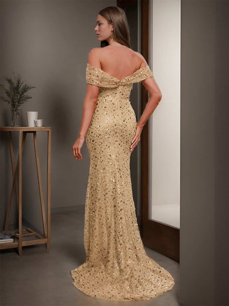 Flattering Sheath/Column off-the-Shoulder Court Train Dress With Slit