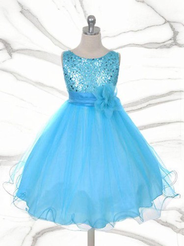 Delightful Ball-Gown Princess Jewel Sleeveless Tea-Length Sequins Flower Girl Dress With Hand-Made Flower