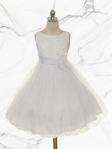 Delightful Ball-Gown Princess Jewel Sleeveless Tea-Length Sequins Flower Girl Dress With Hand-Made Flower