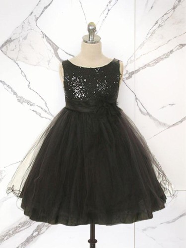 Delightful Ball-Gown Princess Jewel Sleeveless Tea-Length Sequins Flower Girl Dress With Hand-Made Flower