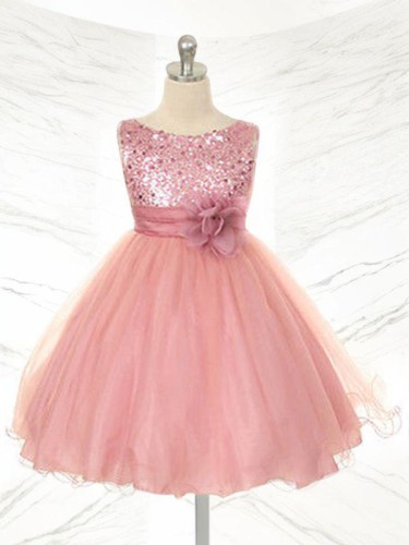 Delightful Ball-Gown Princess Jewel Sleeveless Tea-Length Sequins Flower Girl Dress With Hand-Made Flower