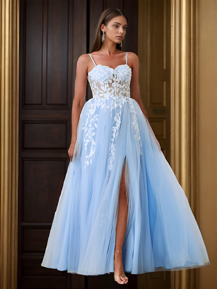 A-line Elegant Spaghetti Straps Sweep Train Tulle Corset Dress With Slit