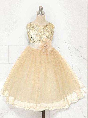 Delightful Ball-Gown Princess Jewel Sleeveless Tea-Length Sequins Flower Girl Dress With Hand-Made Flower