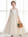 Ball-Gown Princess Scoop Innocent 3/4 Sleeves Ankle-Length Tulle Flower Girl Dress