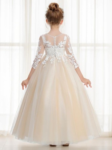 Ball-Gown Princess Scoop Innocent 3/4 Sleeves Ankle-Length Tulle Flower Girl Dress