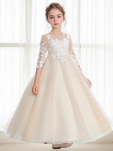 Ball-Gown Princess Scoop Innocent 3/4 Sleeves Ankle-Length Tulle Flower Girl Dress