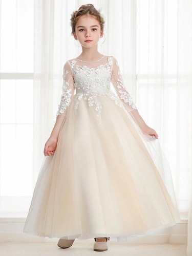 Ball-Gown Princess Scoop Innocent 3/4 Sleeves Ankle-Length Tulle Flower Girl Dress