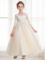 Ball-Gown Princess Scoop Innocent 3/4 Sleeves Ankle-Length Tulle Flower Girl Dress