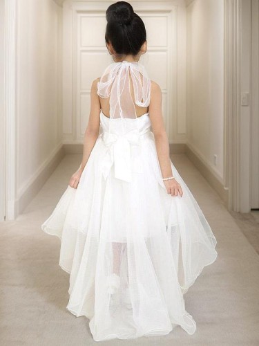 A-line High Neck Sleeveless Asymmetrical Organza Lovely Flower Girl Dress With Beading