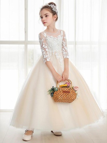 Ball-Gown Princess Scoop Innocent 3/4 Sleeves Ankle-Length Tulle Flower Girl Dress