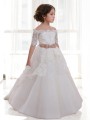 Ball-Gown Princess Off-the-Shoulder Short Sleeves Angelic Sweep Train Tulle Flower Girl Dress With Sash